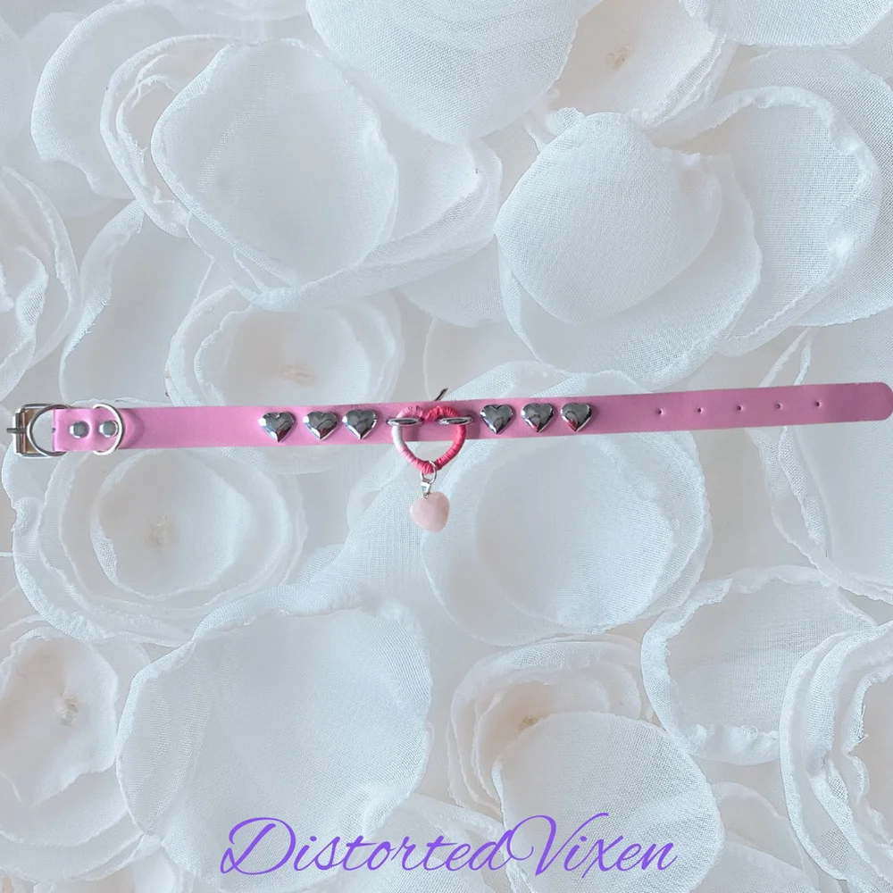 Pink Wrapped Heart Choker – Rose Quartz Charm Collar, Studded Gothic Necklace